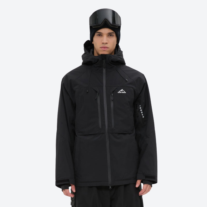 Men's breathable ski jacket and pants set - black, on-model front view, for skiing and snowboarding