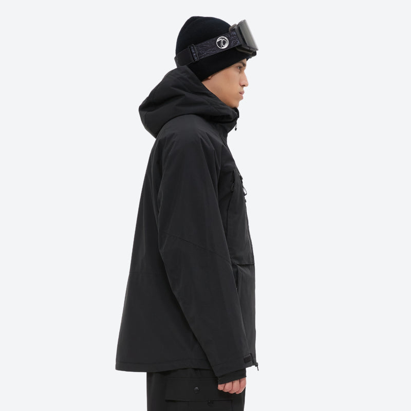 Men's waterproof 3L snow jacket and pants series - black, on-model side view, for powder and piste riding