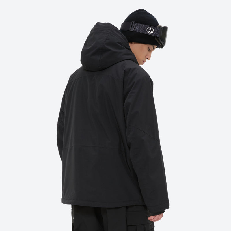 Men's 3-layer snowboard jacket and pants - black, on-model hood side view, for skiing and snowboarding