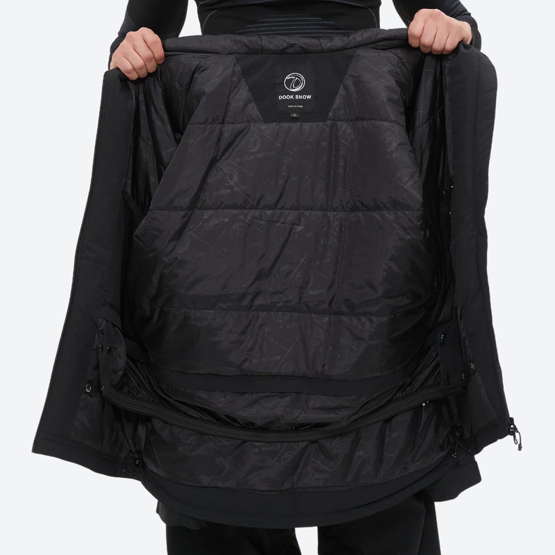 Men's breathable ski jacket and pants set - black, interior lining open flat detail, for resort and backcountry days