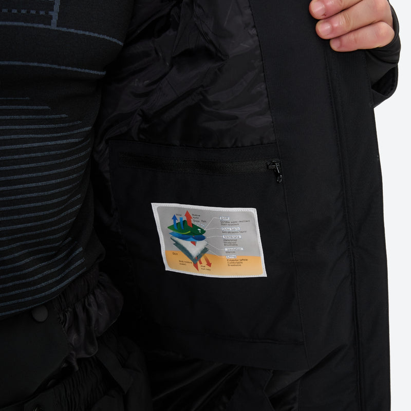 Men's 3-layer snowboard jacket and pants - black, interior pocket label close-up detail, for powder and piste riding