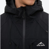 
                  
                    Men's breathable ski jacket and pants set - black, collar and hood close-up detail, for skiing and snowboarding
                  
                