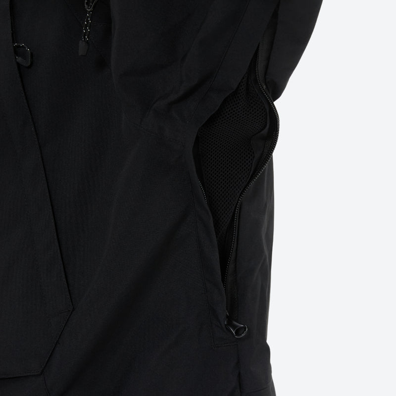 Men's 3-layer snowboard jacket and pants - black, underarm zip vent close-up detail, for skiing and snowboarding