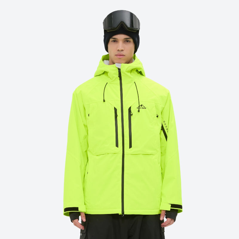 Men's 3-layer snowboard jacket and pants - neon green, on-model front view, for powder and piste riding