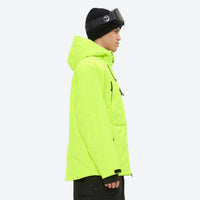 
                  
                    Men's 3-layer snowboard jacket and pants - neon green, on-model hood side view, for resort and backcountry days
                  
                
