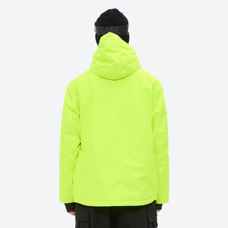 Men's waterproof 3L snow jacket and pants series - neon green, on-model back hood view, for powder and piste riding