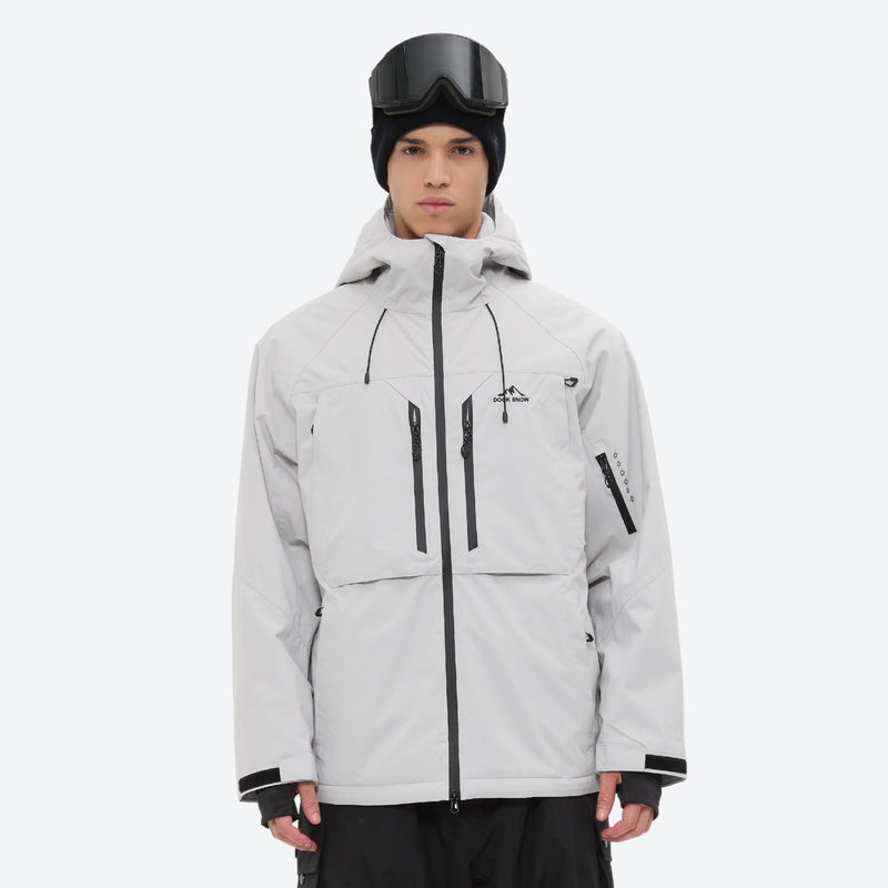 Men's breathable ski jacket and pants set - light gray, on-model front view, for skiing and snowboarding