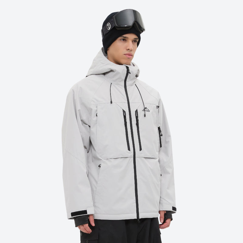Men's 3-layer snowboard jacket and pants - light gray, on-model three-quarter front view, for resort and backcountry days