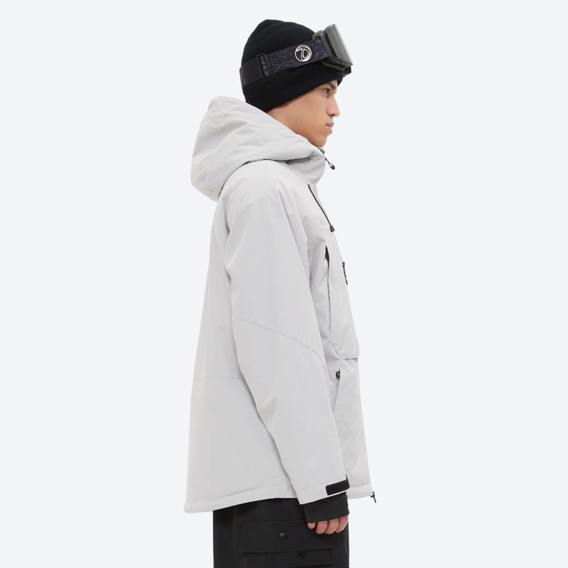 Men's waterproof 3L snow jacket and pants series - light gray, on-model hood side view, for powder and piste riding