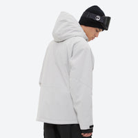 
                  
                    Men's 3-layer snowboard jacket and pants - light gray, on-model hood side view, for skiing and snowboarding
                  
                