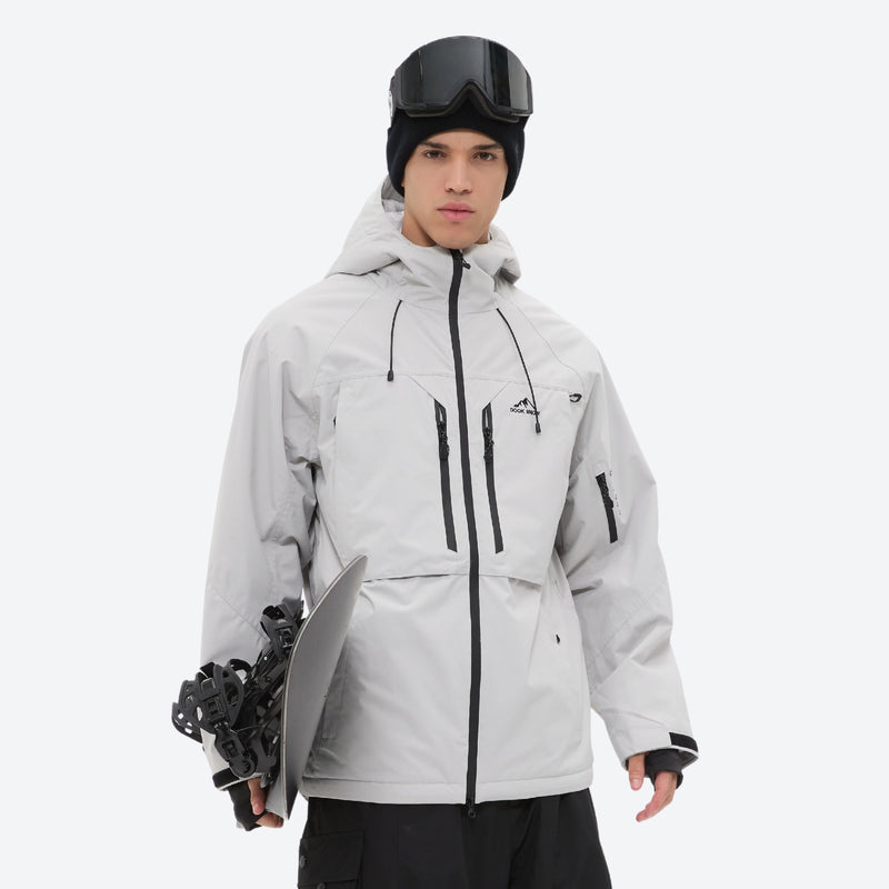 Men's 3-layer snowboard jacket and pants - light gray, on-model front view, for powder and piste riding