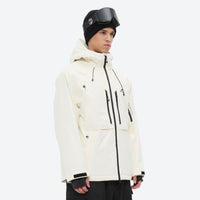 
                  
                    Men's 3-layer snowboard jacket and pants - cream, on-model hood side view, for skiing and snowboarding
                  
                