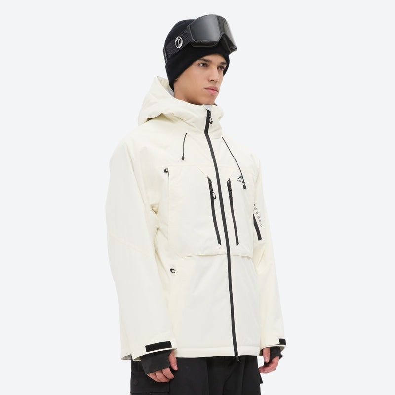 Men's 3-layer snowboard jacket and pants - cream, on-model hood side view, for skiing and snowboarding