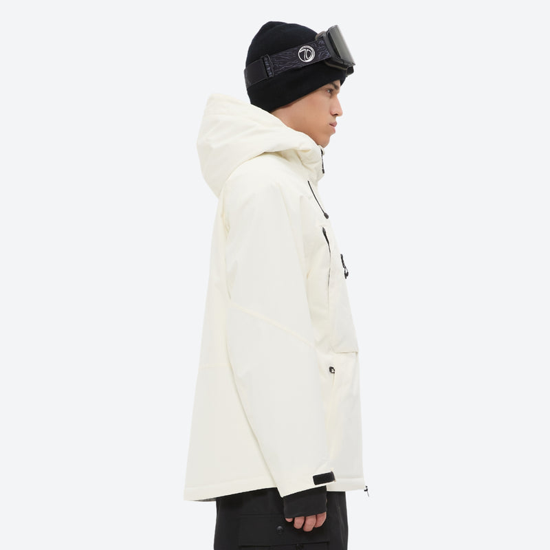 Men's waterproof 3L snow jacket and pants series - cream, on-model hood side view, for resort and backcountry days