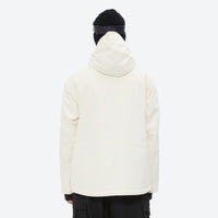 
                  
                    Men's breathable ski jacket and pants set - cream, on-model back hood view, for powder and piste riding
                  
                