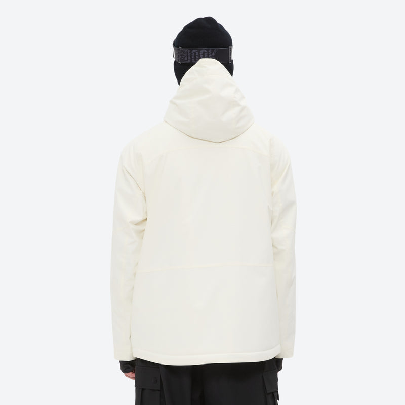 Men's breathable ski jacket and pants set - cream, on-model back hood view, for powder and piste riding