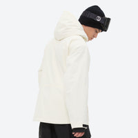 
                  
                    Men's waterproof 3L snow jacket and pants series - cream, on-model hood side view, for skiing and snowboarding
                  
                