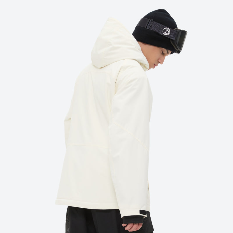 Men's waterproof 3L snow jacket and pants series - cream, on-model hood side view, for skiing and snowboarding
