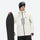 Men's waterproof 3L snow jacket and pants series - cream, on-model front with upright snowboard, for powder and piste riding