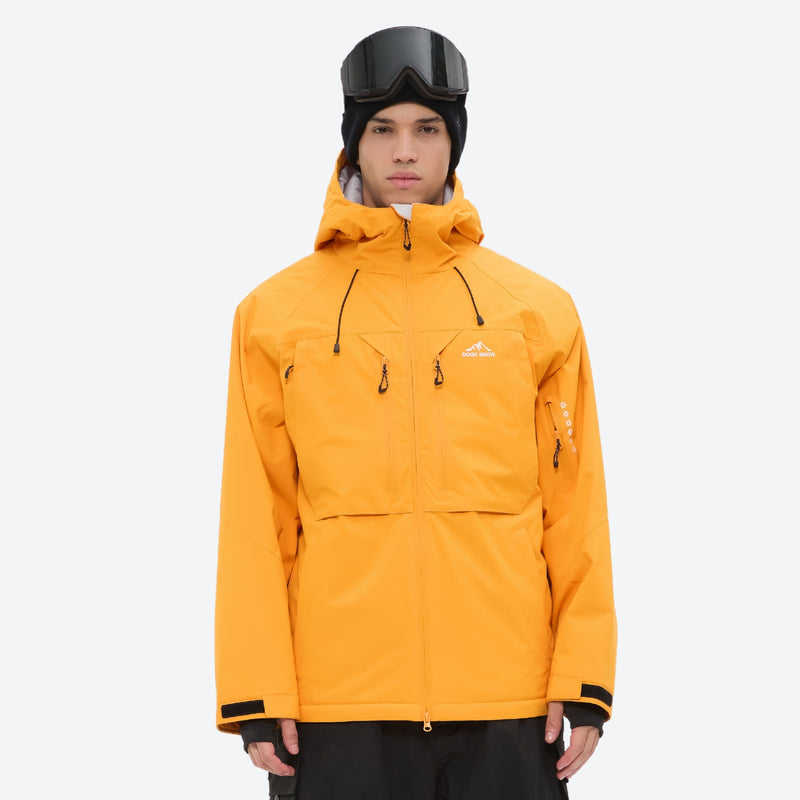 Men's 3-layer snowboard jacket and pants - amber orange, on-model front view, for cold-weather winter sports