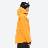 
                  
                    Men's breathable ski jacket and pants set - amber orange, on-model hood side view, for resort and backcountry days
                  
                