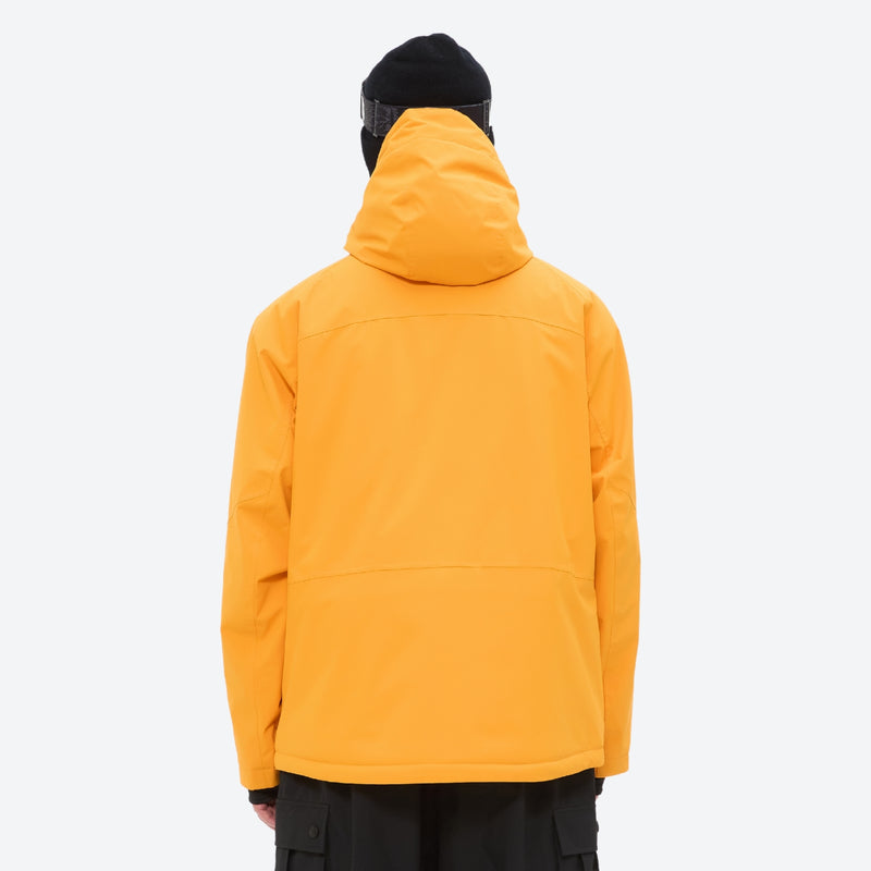 Men's 3-layer snowboard jacket and pants - amber orange, on-model back hood view, for powder and piste riding