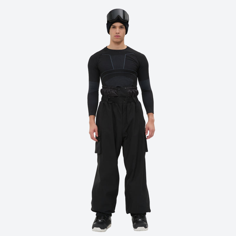 Men's 3-layer snowboard jacket and pants - black bib pants, on-model front view, for cold-weather winter sports
