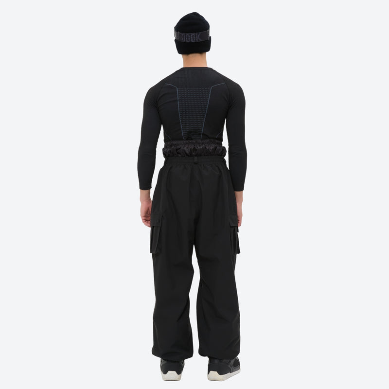 Men's breathable ski jacket and pants set - black bib pants, on-model back view, for resort and backcountry days