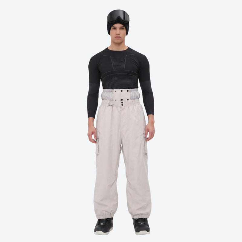 Men's waterproof 3L snow jacket and pants series - cream snow pants, on-model front view, for resort and backcountry days