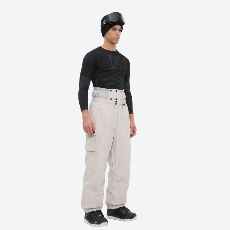 Men's breathable ski jacket and pants set - cream snow pants, on-model side view, for powder and piste riding