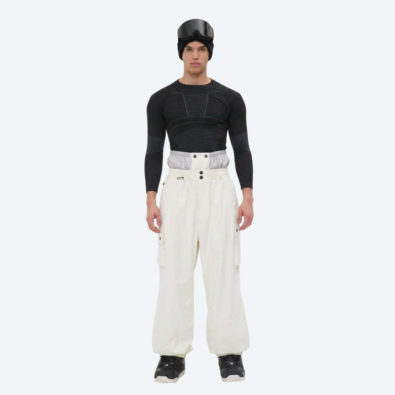 Men's 3-layer snowboard jacket and pants - cream snow pants, on-model front view, for powder and piste riding