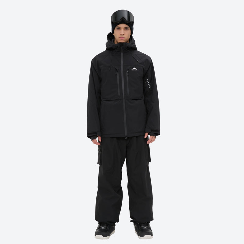 Men's 3-layer snowboard jacket and pants - black jacket with black pants, on-model front view, for powder and piste riding