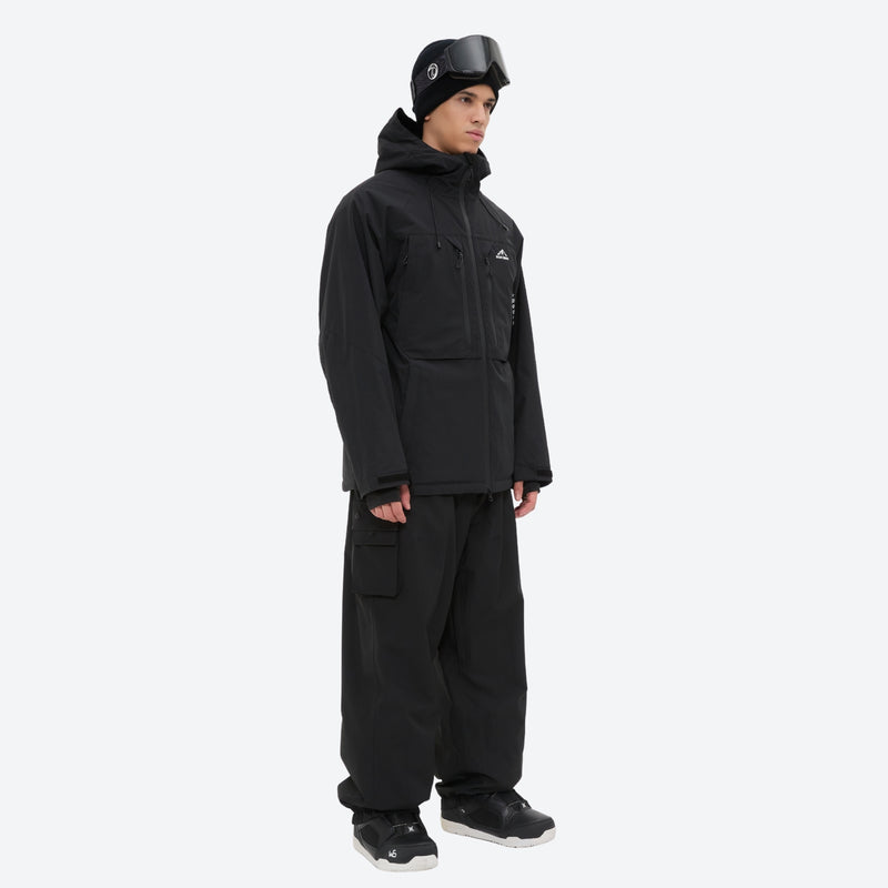Men's waterproof 3L snow jacket and pants series - black jacket with black pants, for cold-weather winter sports