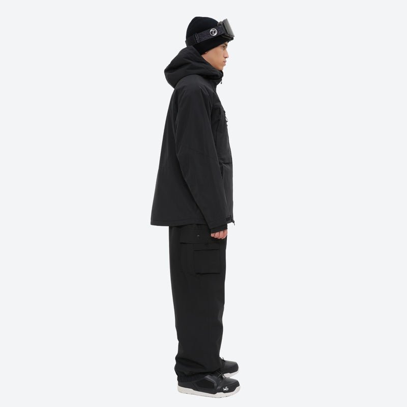 Men's breathable ski jacket and pants set - black jacket with black pants, on-model side view, for skiing and snowboarding