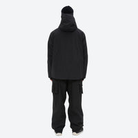 
                  
                    Men's 3-layer snowboard jacket and pants - black jacket with black pants, on-model back view, for resort and backcountry days
                  
                