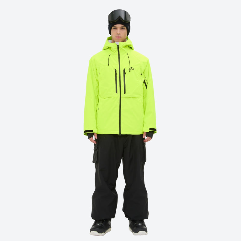 Men's breathable ski jacket and pants set - neon green, on-model full-body front view, for powder and piste riding