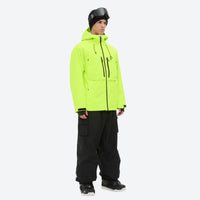 
                  
                    Men's 3-layer snowboard jacket and pants - neon green, on-model side view, for cold-weather winter sports
                  
                