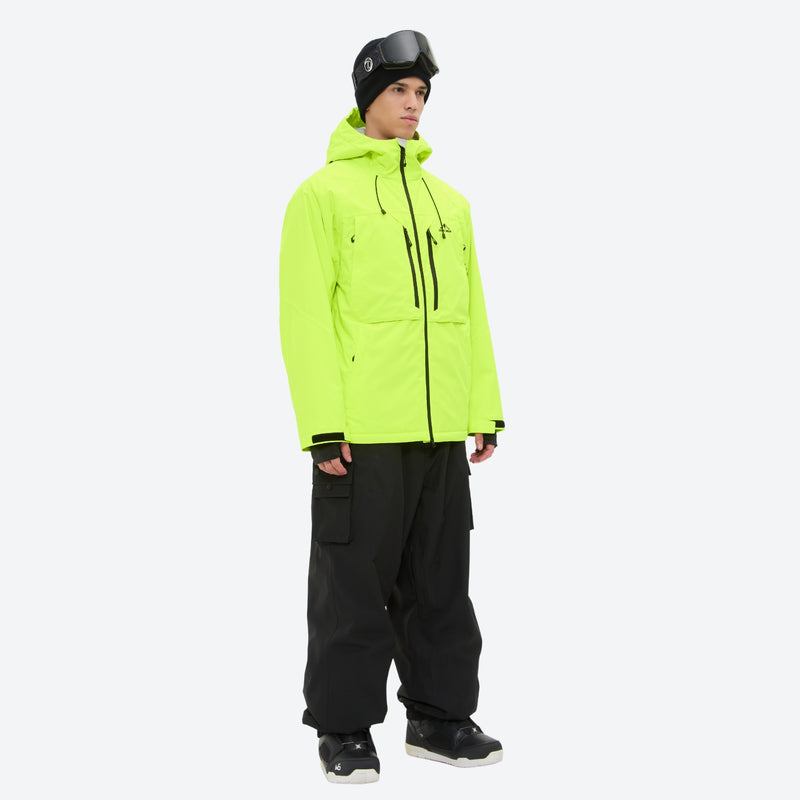 Men's 3-layer snowboard jacket and pants - neon green, on-model side view, for cold-weather winter sports