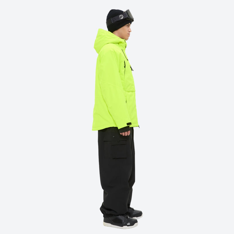 Men's waterproof 3L snow jacket and pants series - neon green, on-model side view, for cold-weather winter sports
