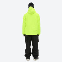 
                  
                    Men's waterproof 3L snow jacket and pants series - neon green, on-model back hood view, for skiing and snowboarding
                  
                