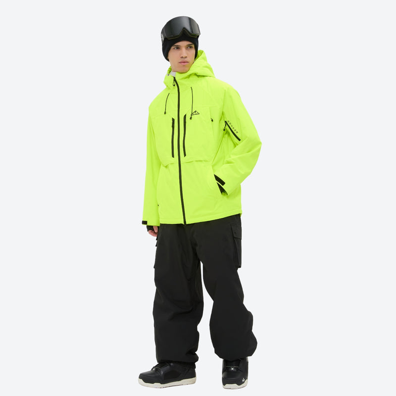 Men's breathable ski jacket and pants set - neon green, on-model side view, for resort and backcountry days