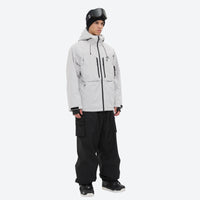 
                  
                    Men's 3-layer snowboard jacket and pants - light gray jacket with black pants, for powder and piste riding
                  
                