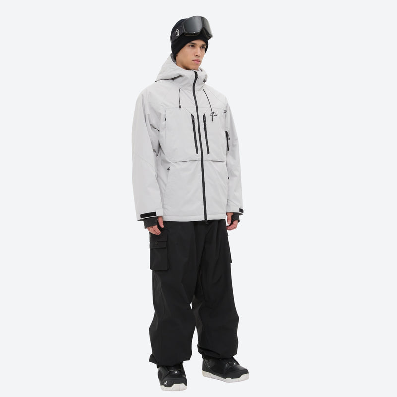 Men's 3-layer snowboard jacket and pants - light gray jacket with black pants, for powder and piste riding