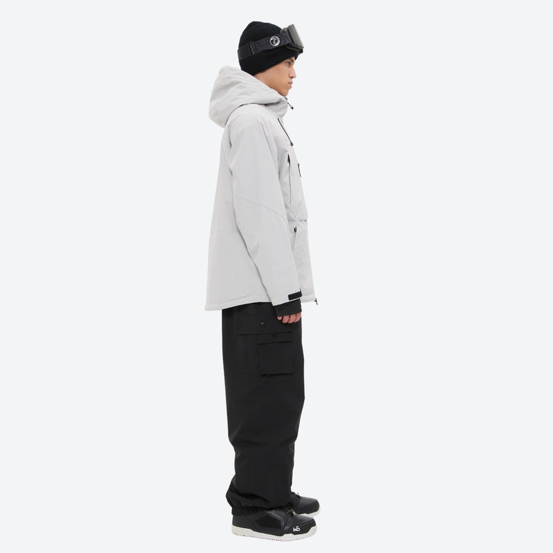 Men's breathable ski jacket and pants set - light gray jacket with black pants, for skiing and snowboarding