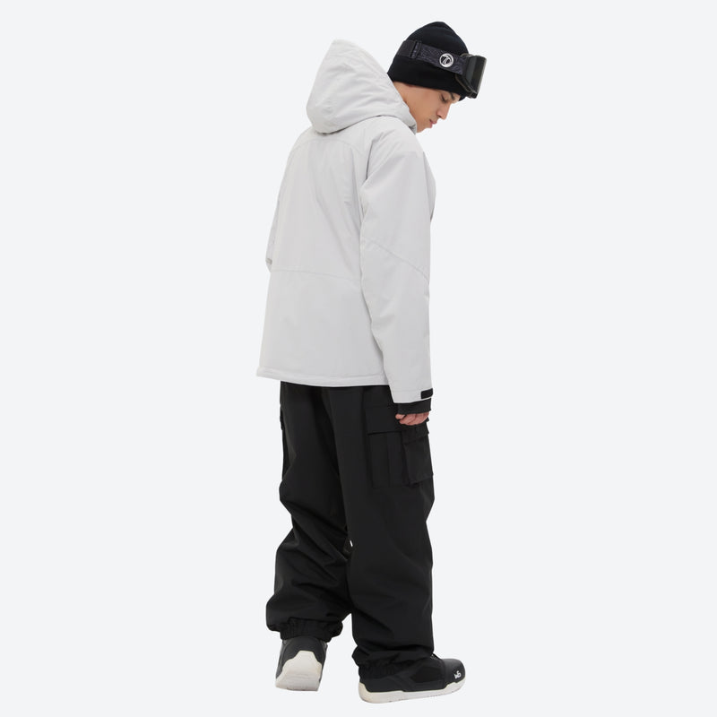 Men's 3-layer snowboard jacket and pants - light gray jacket with black pants, for resort and backcountry days