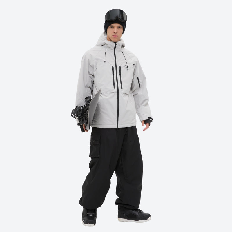 Men's 3-layer snowboard jacket and pants - light gray jacket with black pants, for cold-weather winter sports
