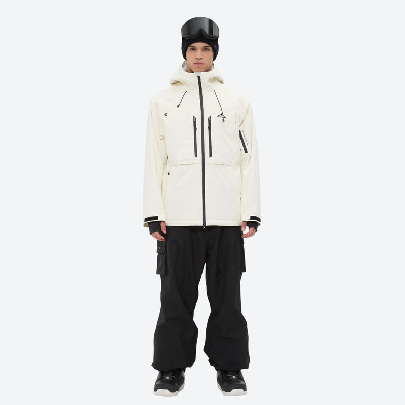 Men's 3-layer snowboard jacket and pants - cream jacket with black pants, for resort and backcountry days