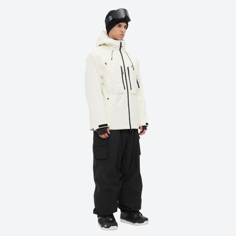 Men's waterproof 3L snow jacket and pants series - cream jacket with black pants, for powder and piste riding
