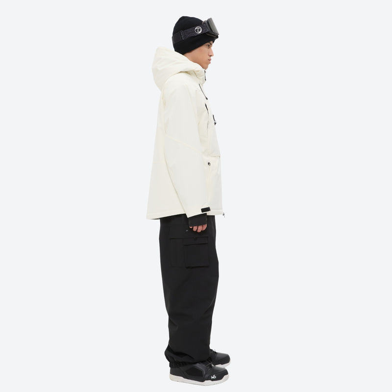 Men's 3-layer snowboard jacket and pants - cream, on-model side view, for cold-weather winter sports