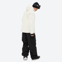 
                  
                    Men's 3-layer snowboard jacket and pants - cream jacket with black pants, for skiing and snowboarding
                  
                